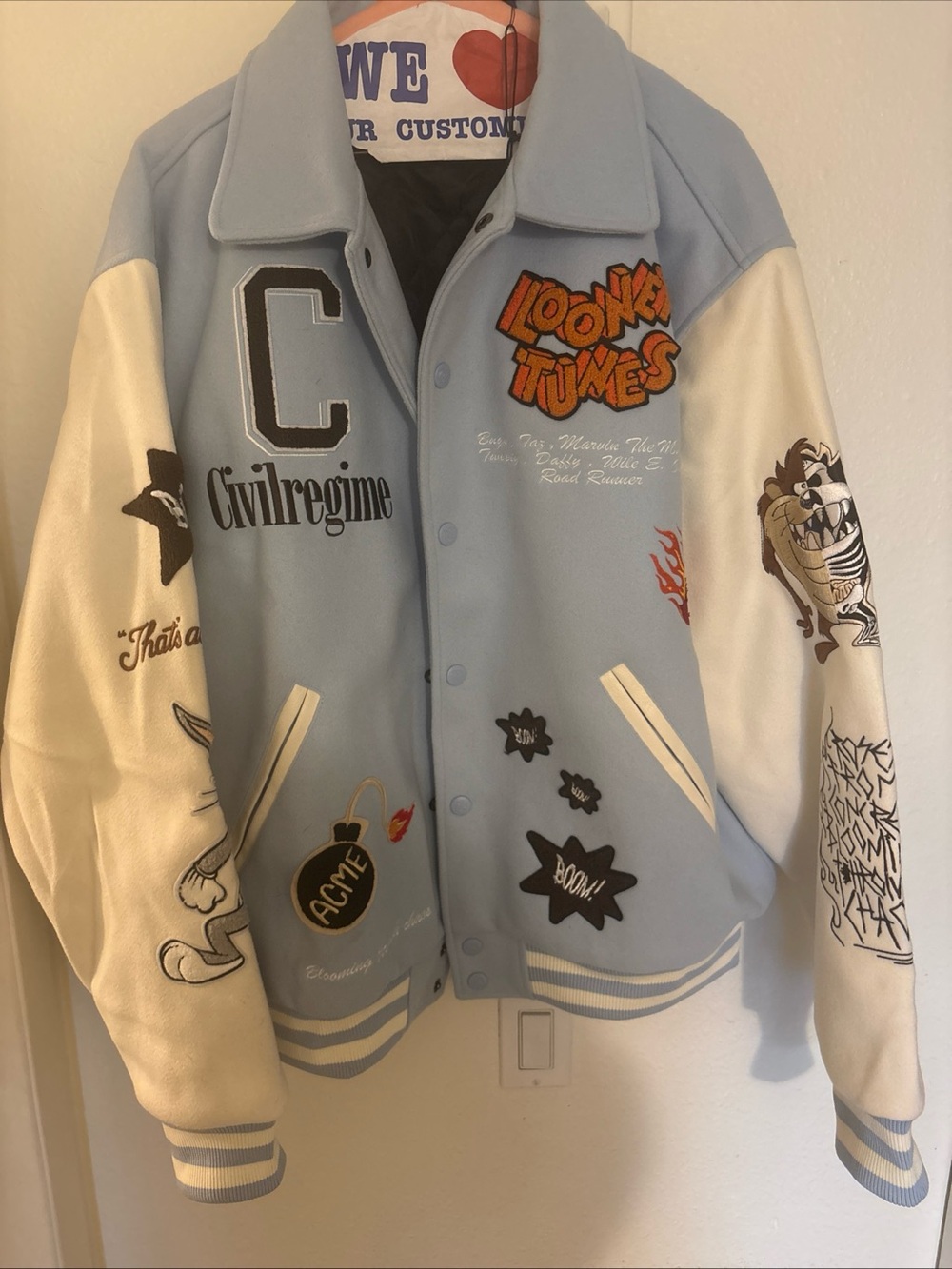 Civilregime x Looney Tunes Light Blue & White Varsity Jacket